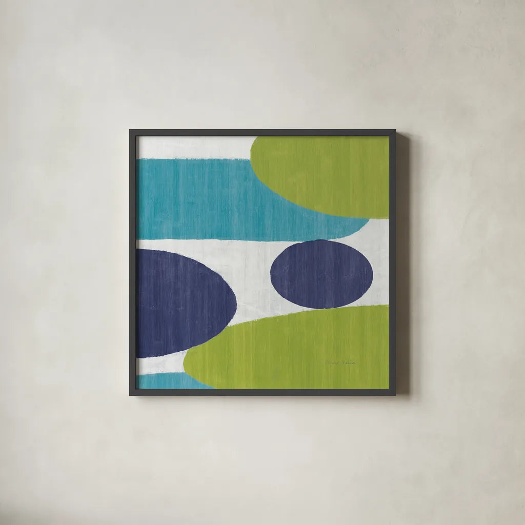Costa Del Sol I Blue Green by Michael Mullan. Shown in a sleek black glass frame for a contemporary gallery look. Available as an archival giclee rolled canvas, fine art paper, or poster print. SKU 72266a.