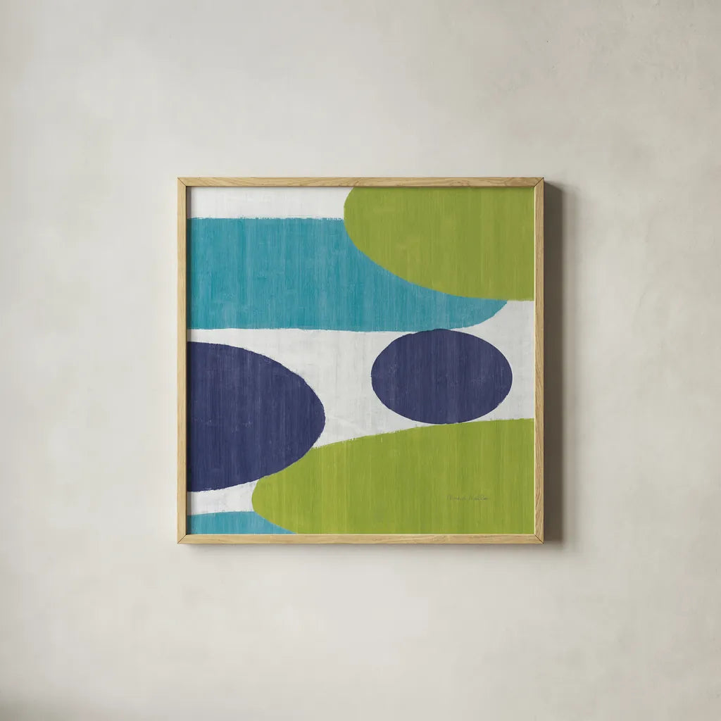 Costa Del Sol I Blue Green by Michael Mullan. Shown in a natural wood glass frame for a timeless modern aesthetic. Available as an archival giclee rolled canvas, fine art paper, or poster print. SKU 72266a.