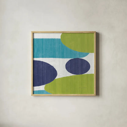 Costa Del Sol I Blue Green by Michael Mullan. Shown in a natural wood glass frame for a timeless modern aesthetic. Available as an archival giclee rolled canvas, fine art paper, or poster print. SKU 72266a.