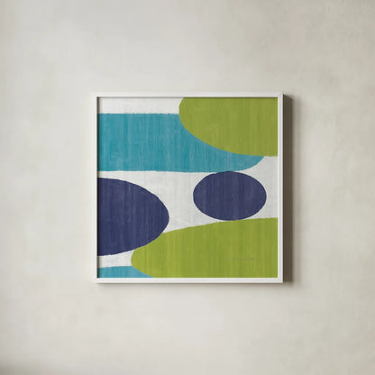 Costa Del Sol I Blue Green by Michael Mullan. Shown in a crisp white glass frame for a clean and minimalist style. Available as an archival giclee rolled canvas, fine art paper, or poster print. SKU 72266a.