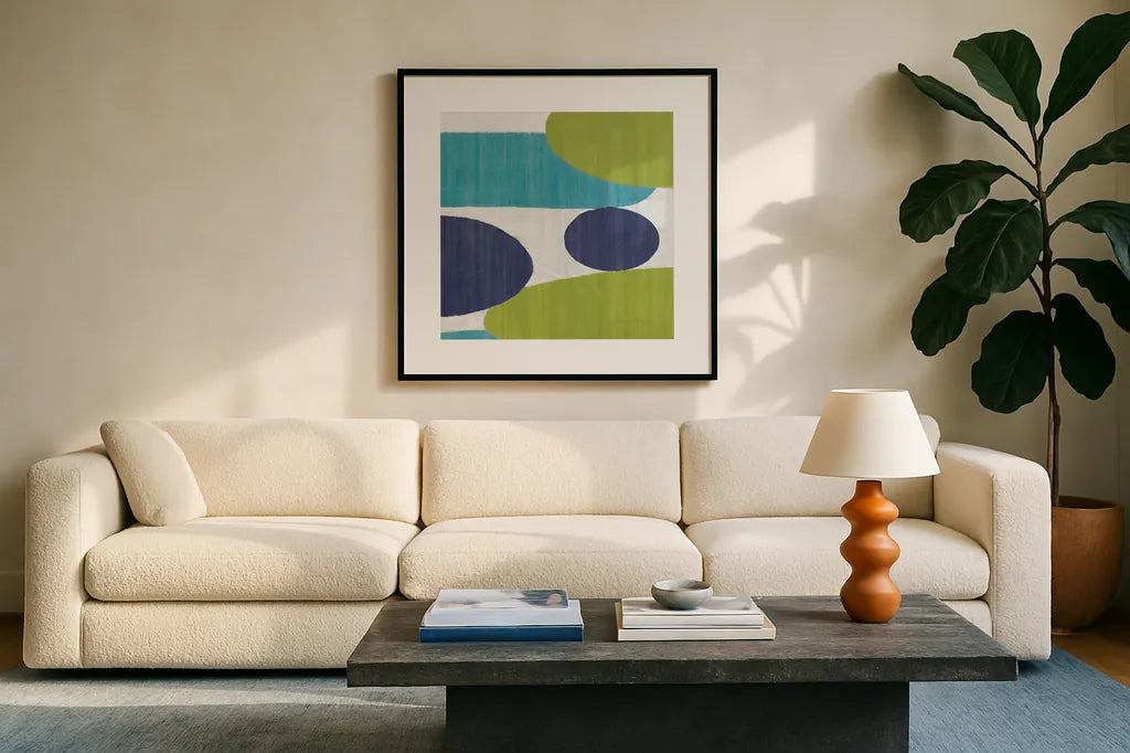 Costa Del Sol I Blue Green by Michael Mullan. Displayed in a glass frame with matte in a clean modern living room. Available as an archival giclee rolled canvas, fine art paper, or poster print. SKU 72266a.