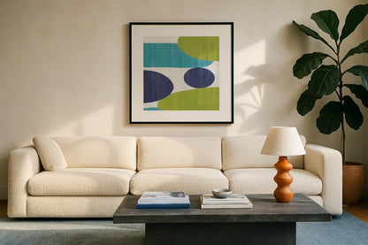 Costa Del Sol I Blue Green by Michael Mullan. Displayed in a glass frame with matte in a clean modern living room. Available as an archival giclee rolled canvas, fine art paper, or poster print. SKU 72266a.