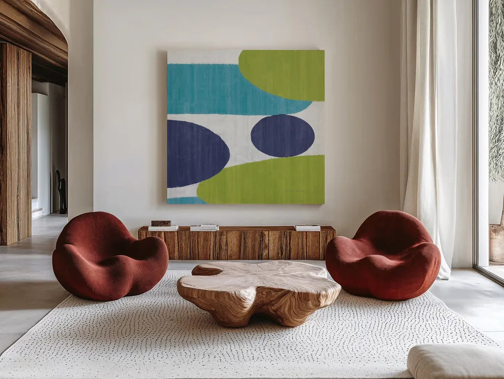 Costa Del Sol I Blue Green by Michael Mullan. Shown as extra-large giant wall art in a modern living room. Available as an archival giclee rolled canvas, fine art paper, or poster print. SKU 72266a.