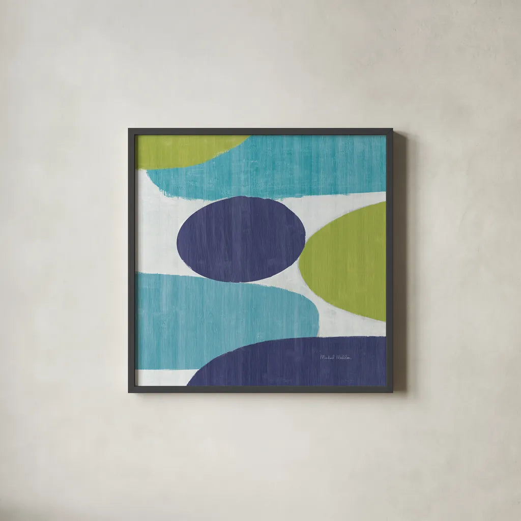 Costa Del Sol II Blue Green by Michael Mullan. Shown in a sleek black glass frame for a contemporary gallery look. Available as an archival giclee rolled canvas, fine art paper, or poster print. SKU 72267a.