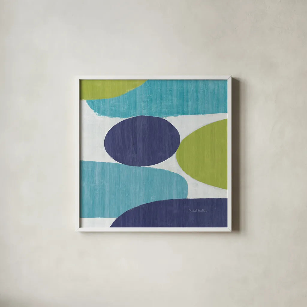 Costa Del Sol II Blue Green by Michael Mullan. Shown in a crisp white glass frame for a clean and minimalist style. Available as an archival giclee rolled canvas, fine art paper, or poster print. SKU 72267a.