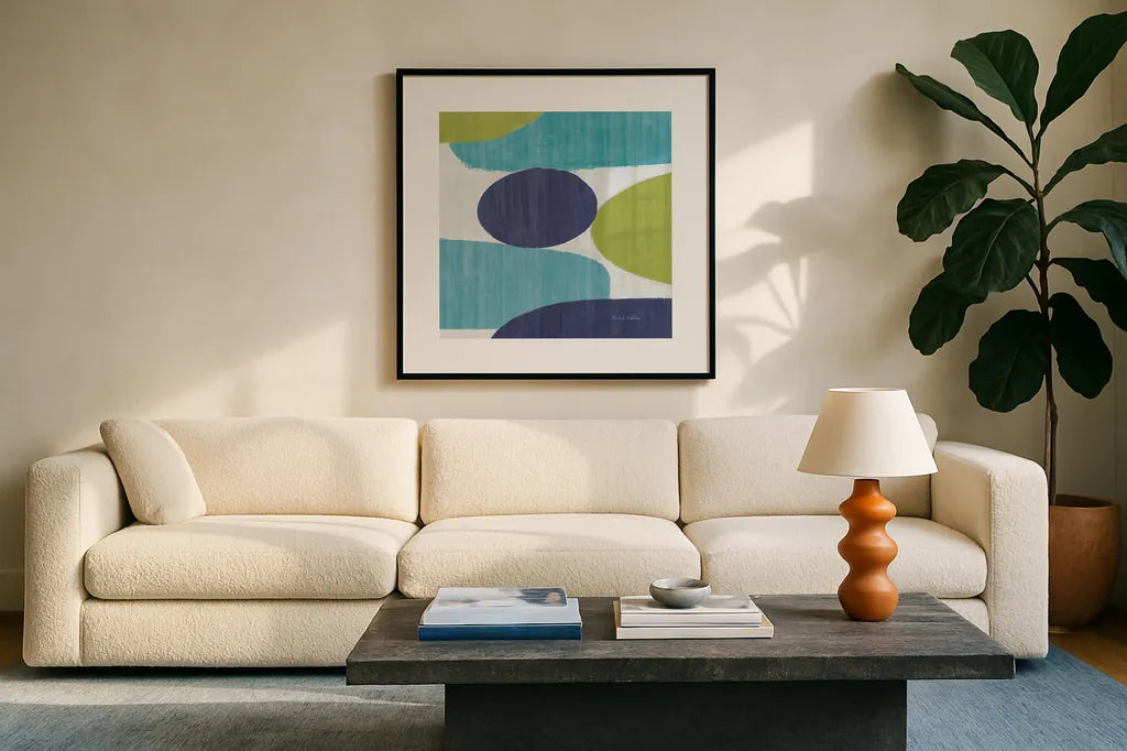 Costa Del Sol II Blue Green by Michael Mullan. Displayed in a glass frame with matte in a clean modern living room. Available as an archival giclee rolled canvas, fine art paper, or poster print. SKU 72267a.