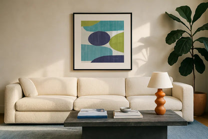 Costa Del Sol II Blue Green by Michael Mullan. Displayed in a glass frame with matte in a clean modern living room. Available as an archival giclee rolled canvas, fine art paper, or poster print. SKU 72267a.