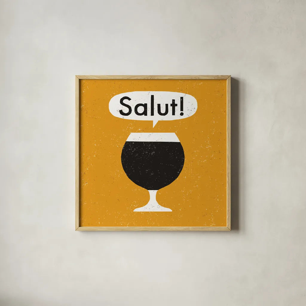 Craft Beer Salut by Michael Mullan. Shown in a natural wood glass frame for a timeless modern aesthetic. Available as an archival giclee rolled canvas, fine art paper, or poster print. SKU 20355a.