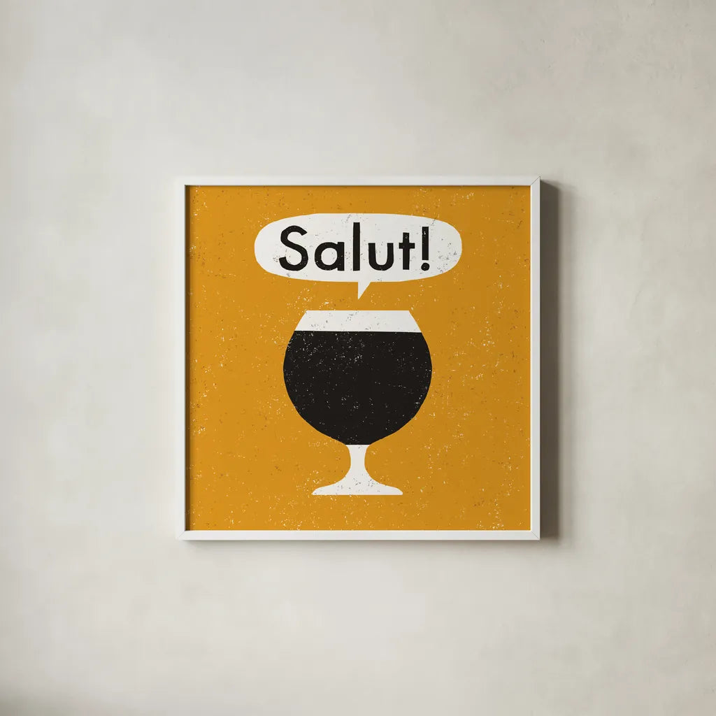 Craft Beer Salut by Michael Mullan. Shown in a crisp white glass frame for a clean and minimalist style. Available as an archival giclee rolled canvas, fine art paper, or poster print. SKU 20355a.