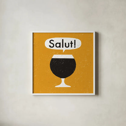 Craft Beer Salut by Michael Mullan. Shown in a crisp white glass frame for a clean and minimalist style. Available as an archival giclee rolled canvas, fine art paper, or poster print. SKU 20355a.