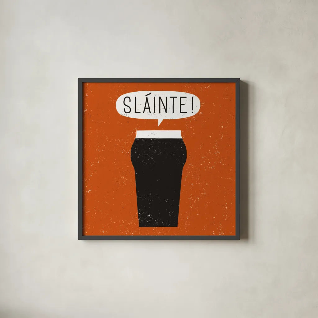 Craft Beer Slainte by Michael Mullan. Shown in a sleek black glass frame for a contemporary gallery look. Available as an archival giclee rolled canvas, fine art paper, or poster print. SKU 20356a.