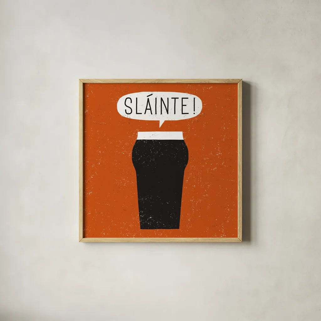 Craft Beer Slainte by Michael Mullan. Shown in a natural wood glass frame for a timeless modern aesthetic. Available as an archival giclee rolled canvas, fine art paper, or poster print. SKU 20356a.