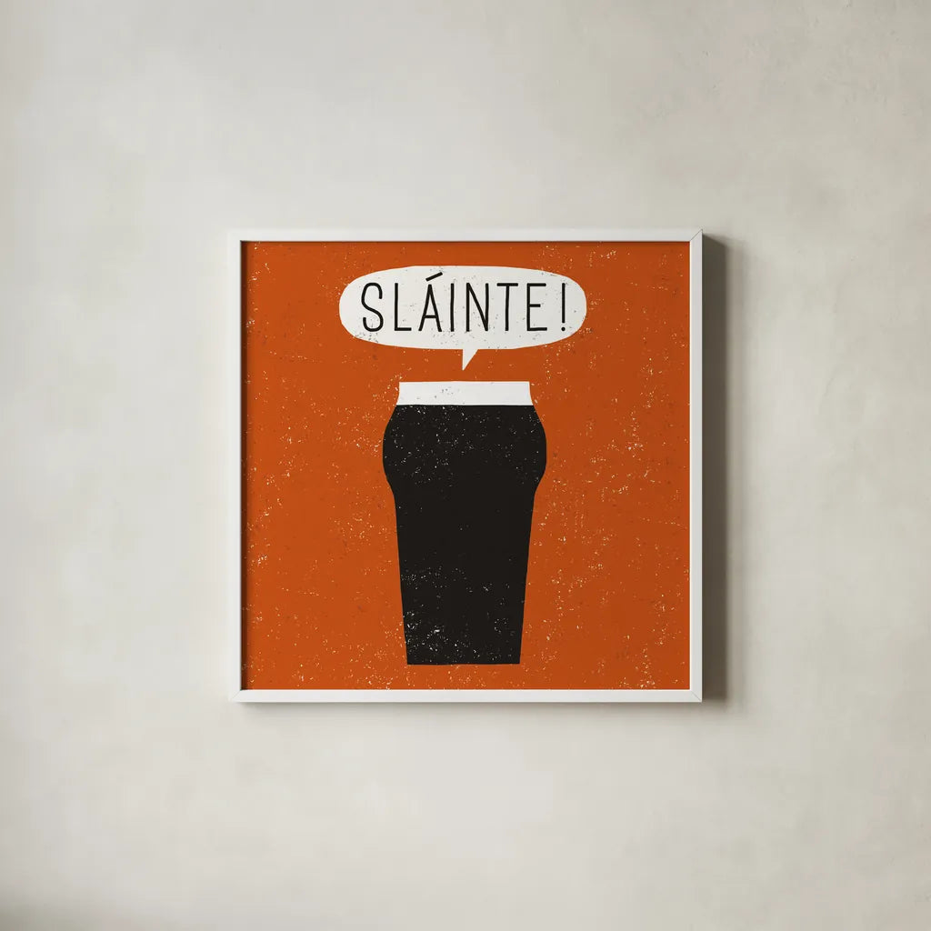Craft Beer Slainte by Michael Mullan. Shown in a crisp white glass frame for a clean and minimalist style. Available as an archival giclee rolled canvas, fine art paper, or poster print. SKU 20356a.