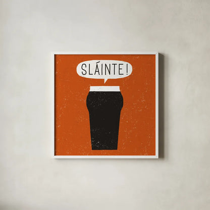 Craft Beer Slainte by Michael Mullan. Shown in a crisp white glass frame for a clean and minimalist style. Available as an archival giclee rolled canvas, fine art paper, or poster print. SKU 20356a.