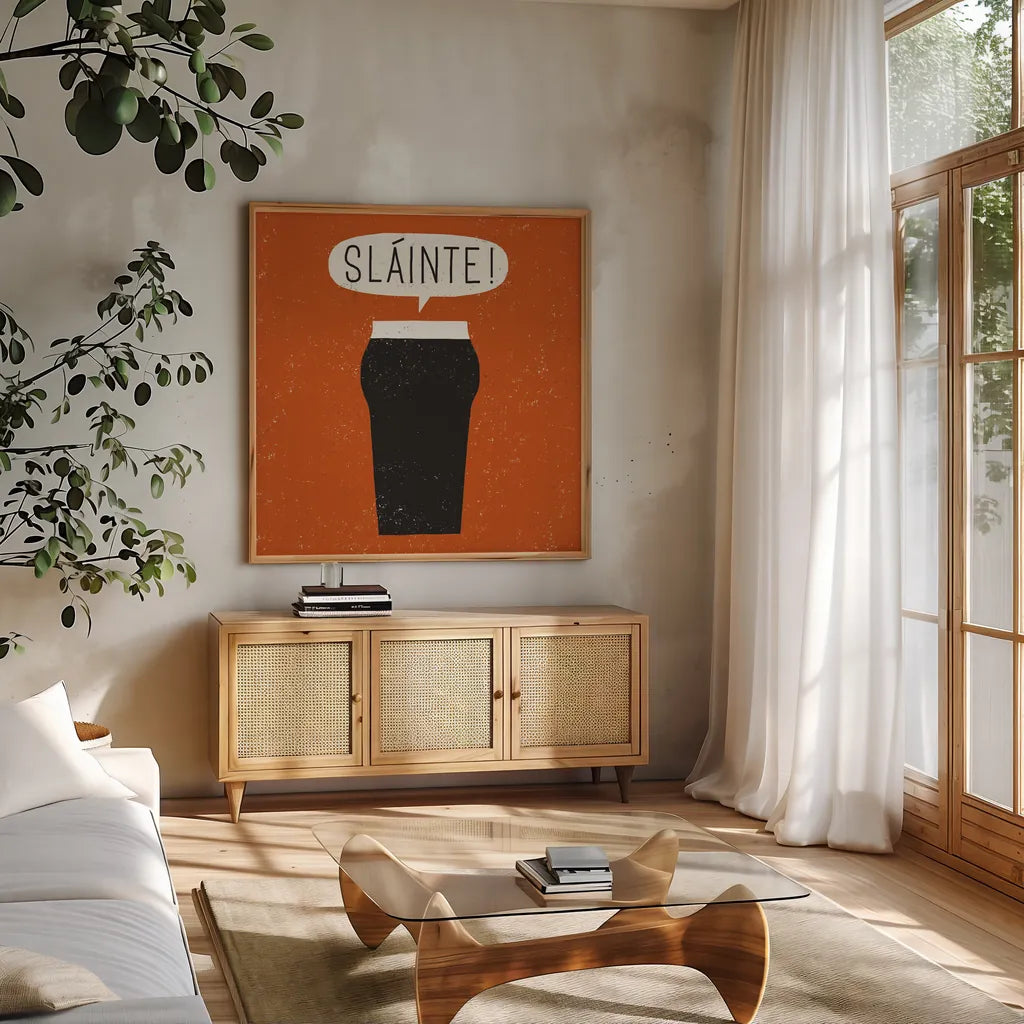Craft Beer Slainte by Michael Mullan. Shown in a natural wood frame in a cozy modern living room. Available as an archival giclee rolled canvas, fine art paper, or poster print. SKU 20356a.