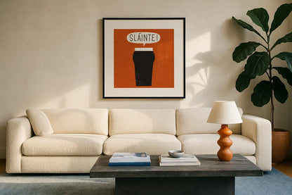 Craft Beer Slainte by Michael Mullan. Displayed in a glass frame with matte in a clean modern living room. Available as an archival giclee rolled canvas, fine art paper, or poster print. SKU 20356a.