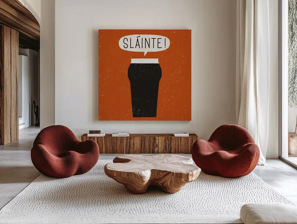 Craft Beer Slainte by Michael Mullan. Shown as extra-large giant wall art in a modern living room. Available as an archival giclee rolled canvas, fine art paper, or poster print. SKU 20356a.