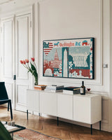 DC Icons by Michael Mullan. shown as a framed stretched canvas in a living room above a console. Available as a archival giclee rolled canvas, fine art paper, or poster print. SKU 50698i.