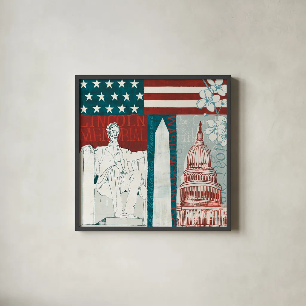 DC Monuments II by Michael Mullan. Shown in a sleek black glass frame for a contemporary gallery look. Available as an archival giclee rolled canvas, fine art paper, or poster print. SKU 50701a.