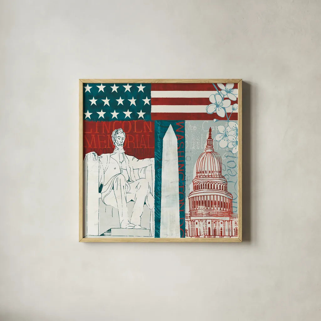 DC Monuments II by Michael Mullan. Shown in a natural wood glass frame for a timeless modern aesthetic. Available as an archival giclee rolled canvas, fine art paper, or poster print. SKU 50701a.