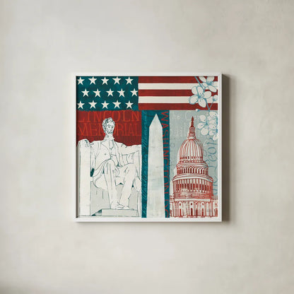 DC Monuments II by Michael Mullan. Shown in a crisp white glass frame for a clean and minimalist style. Available as an archival giclee rolled canvas, fine art paper, or poster print. SKU 50701a.