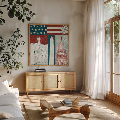 DC Monuments II by Michael Mullan. Shown in a natural wood frame in a cozy modern living room. Available as an archival giclee rolled canvas, fine art paper, or poster print. SKU 50701a.