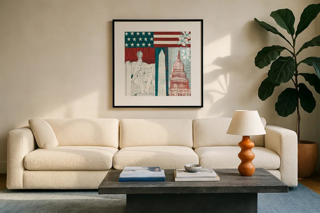 DC Monuments II by Michael Mullan. Displayed in a glass frame with matte in a clean modern living room. Available as an archival giclee rolled canvas, fine art paper, or poster print. SKU 50701a.
