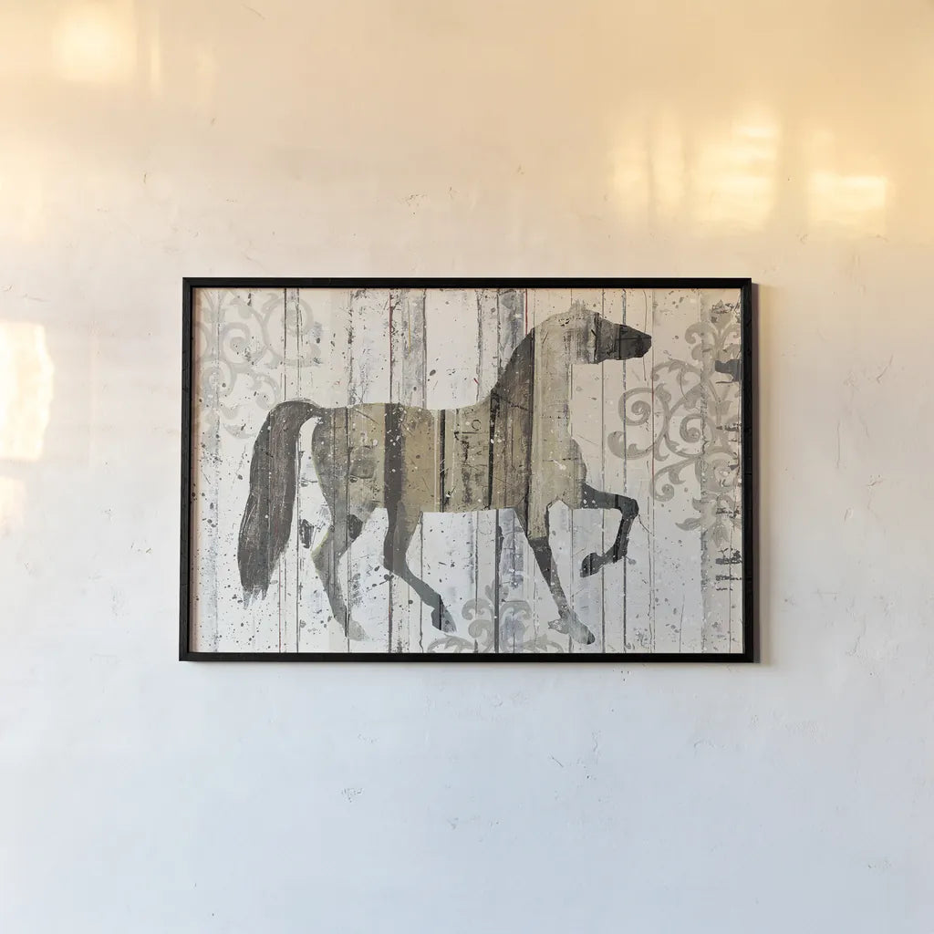 Dark Horse Filigree by Michael Mullan. shown as a paper print in a black flame. Available as a archival giclee rolled canvas, fine art paper, or poster print. SKU 51280i.