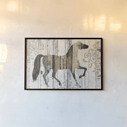 Dark Horse Filigree by Michael Mullan. shown as a paper print in a black flame. Available as a archival giclee rolled canvas, fine art paper, or poster print. SKU 51280i.