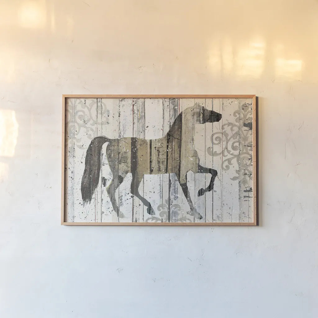 Dark Horse Filigree by Michael Mullan. shown as a paper print in a natural frame. Available as a archival giclee rolled canvas, fine art paper, or poster print. SKU 51280i.