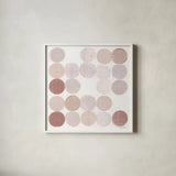 Dots II Square I Blush by Michael Mullan. Shown in a crisp white glass frame for a clean and minimalist style. Available as an archival giclee rolled canvas, fine art paper, or poster print. SKU 42739a.