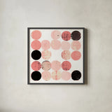 Dots II Square I Pink Black by Michael Mullan. Shown in a sleek black glass frame for a contemporary gallery look. Available as an archival giclee rolled canvas, fine art paper, or poster print. SKU 53752a.