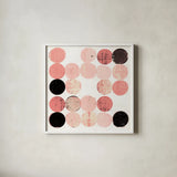 Dots II Square I Pink Black by Michael Mullan. Shown in a crisp white glass frame for a clean and minimalist style. Available as an archival giclee rolled canvas, fine art paper, or poster print. SKU 53752a.