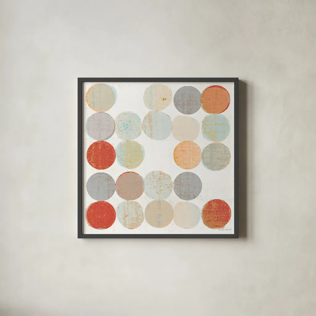 Dots II Square II by Michael Mullan. Shown in a sleek black glass frame for a contemporary gallery look. Available as an archival giclee rolled canvas, fine art paper, or poster print. SKU 26908a.