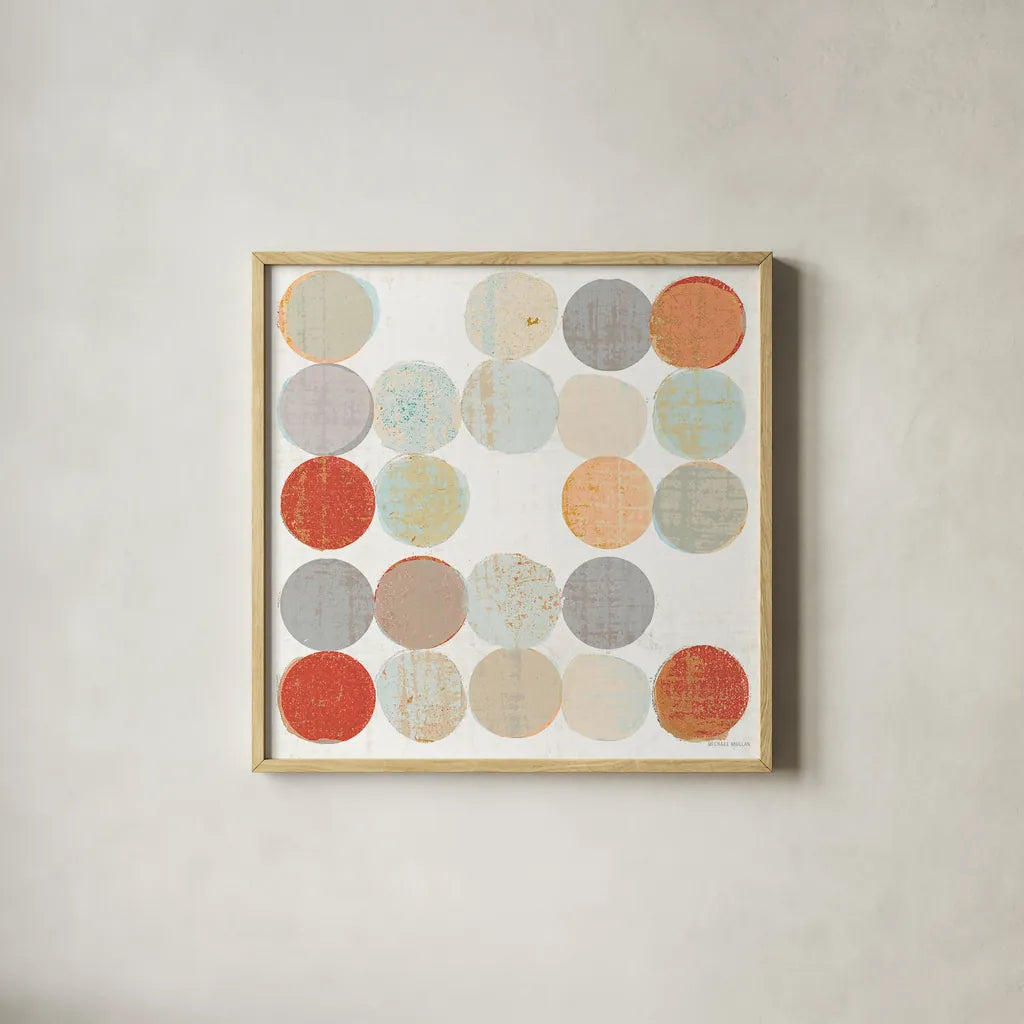 Dots II Square II by Michael Mullan. Shown in a natural wood glass frame for a timeless modern aesthetic. Available as an archival giclee rolled canvas, fine art paper, or poster print. SKU 26908a.