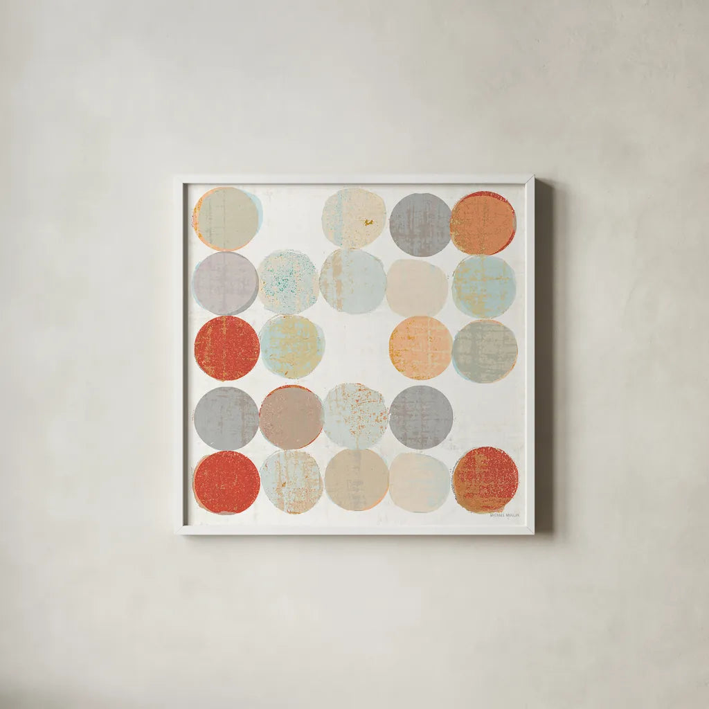 Dots II Square II by Michael Mullan. Shown in a crisp white glass frame for a clean and minimalist style. Available as an archival giclee rolled canvas, fine art paper, or poster print. SKU 26908a.