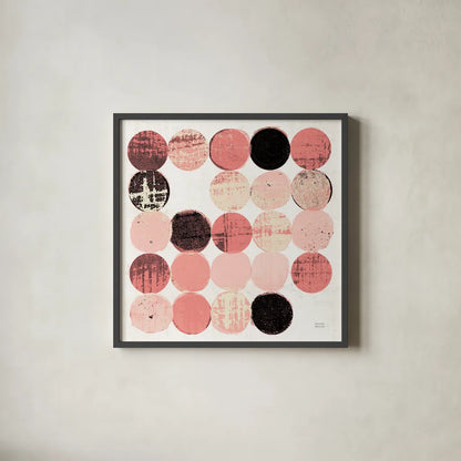 Dots II Square II Pink Black by Michael Mullan. Shown in a sleek black glass frame for a contemporary gallery look. Available as an archival giclee rolled canvas, fine art paper, or poster print. SKU 53753a.