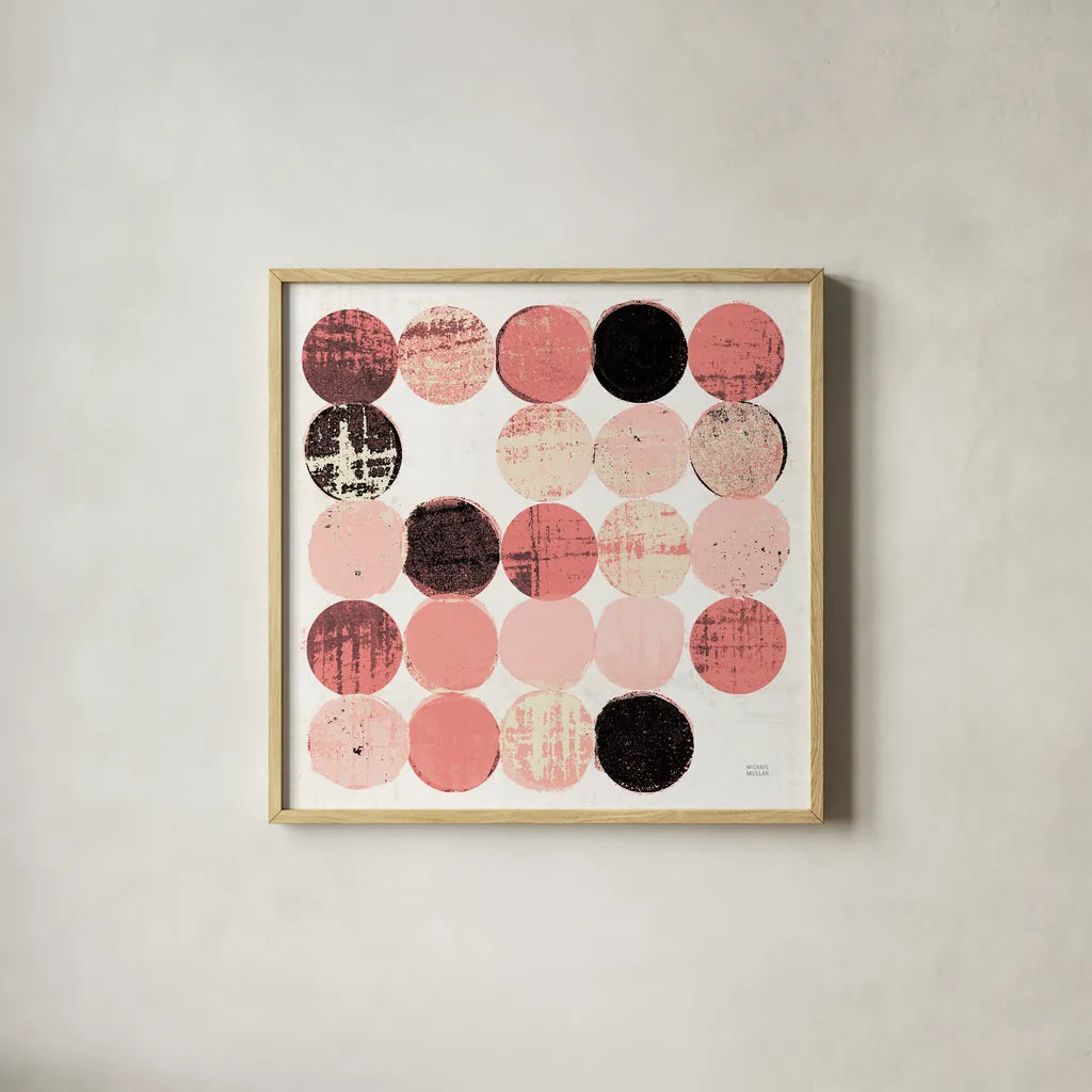 Dots II Square II Pink Black by Michael Mullan. Shown in a natural wood glass frame for a timeless modern aesthetic. Available as an archival giclee rolled canvas, fine art paper, or poster print. SKU 53753a.