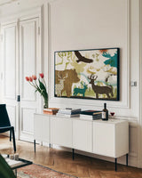 Dweller Collage I by Michael Mullan. shown as a framed stretched canvas in a living room above a console. Available as a archival giclee rolled canvas, fine art paper, or poster print. SKU 41706i.