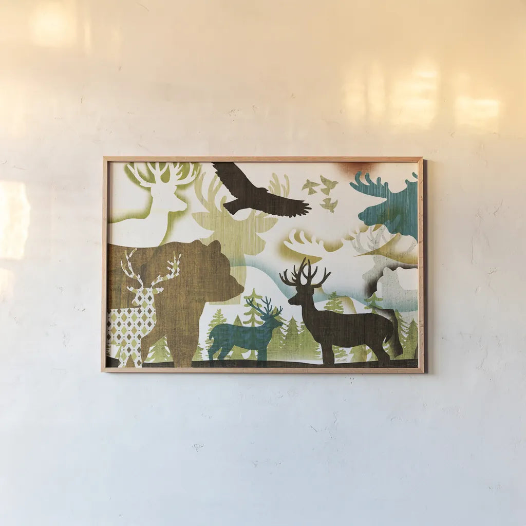 Dweller Collage I by Michael Mullan. shown as a paper print in a natural frame. Available as a archival giclee rolled canvas, fine art paper, or poster print. SKU 41706i.