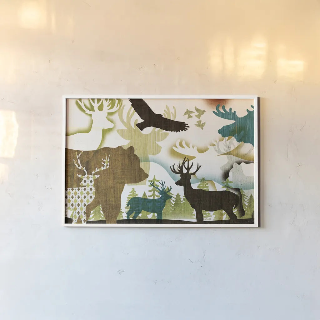 Dweller Collage I by Michael Mullan. shown as a paper print in a white frame. Available as a archival giclee rolled canvas, fine art paper, or poster print. SKU 41706i.