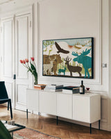 Dweller Collage II by Michael Mullan. shown as a framed stretched canvas in a living room above a console. Available as a archival giclee rolled canvas, fine art paper, or poster print. SKU 41707i.