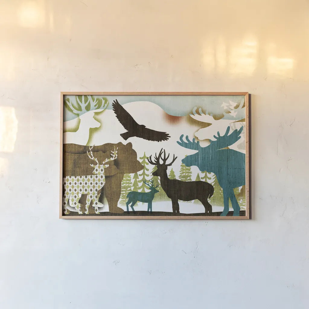 Dweller Collage II by Michael Mullan. shown as a paper print in a natural frame. Available as a archival giclee rolled canvas, fine art paper, or poster print. SKU 41707i.