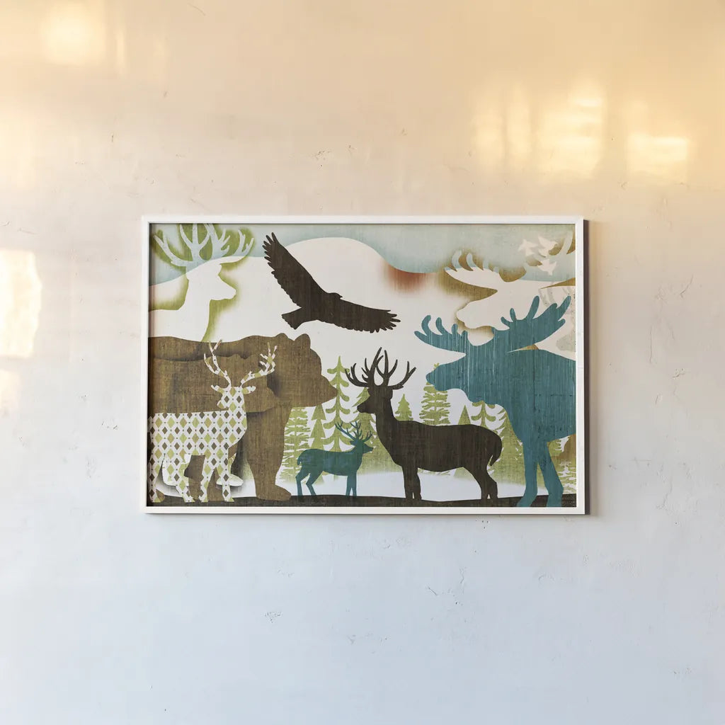 Dweller Collage II by Michael Mullan. shown as a paper print in a white frame. Available as a archival giclee rolled canvas, fine art paper, or poster print. SKU 41707i.