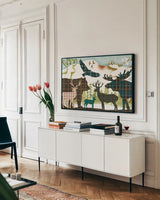 Dweller Collage II Plaid by Michael Mullan. shown as a framed stretched canvas in a living room above a console. Available as a archival giclee rolled canvas, fine art paper, or poster print. SKU 50496i.