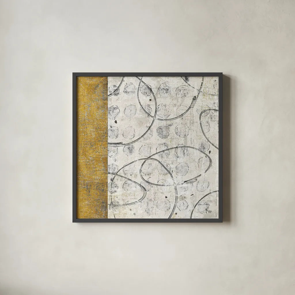 Earth Matter I Gold by Michael Mullan. Shown in a sleek black glass frame for a contemporary gallery look. Available as an archival giclee rolled canvas, fine art paper, or poster print. SKU 30295a.