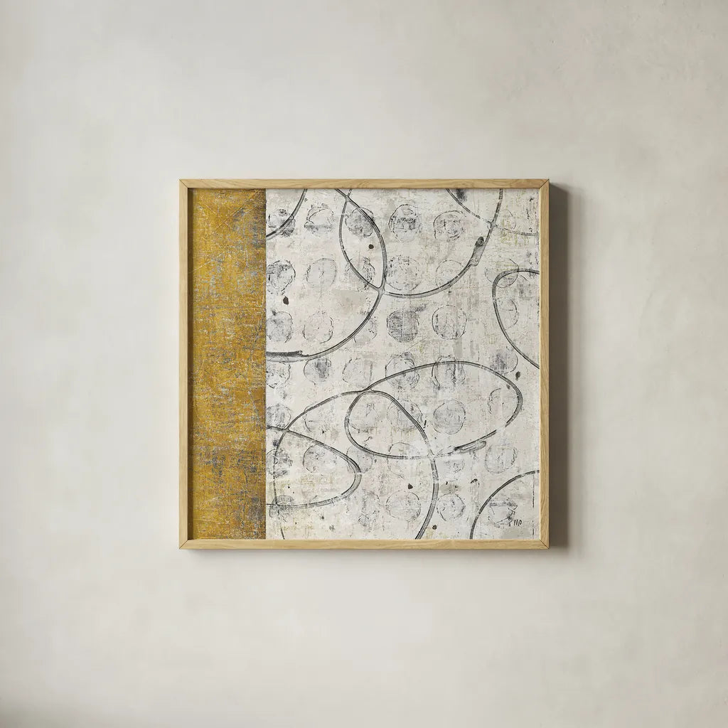 Earth Matter I Gold by Michael Mullan. Shown in a natural wood glass frame for a timeless modern aesthetic. Available as an archival giclee rolled canvas, fine art paper, or poster print. SKU 30295a.