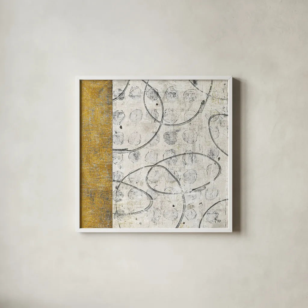 Earth Matter I Gold by Michael Mullan. Shown in a crisp white glass frame for a clean and minimalist style. Available as an archival giclee rolled canvas, fine art paper, or poster print. SKU 30295a.