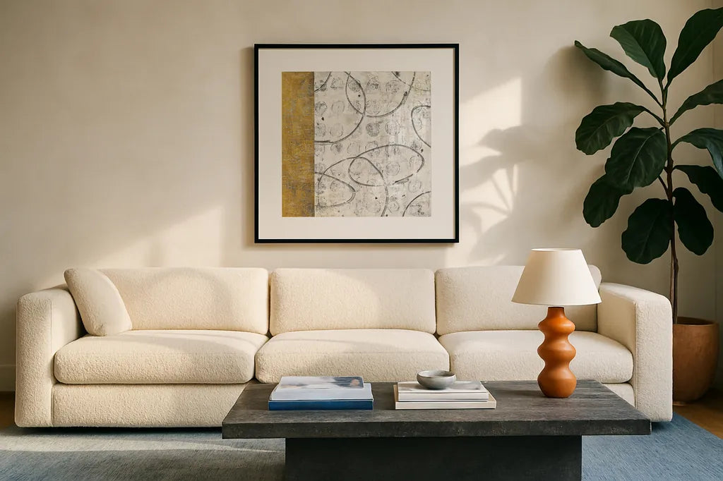 Earth Matter I Gold by Michael Mullan. Displayed in a glass frame with matte in a clean modern living room. Available as an archival giclee rolled canvas, fine art paper, or poster print. SKU 30295a.