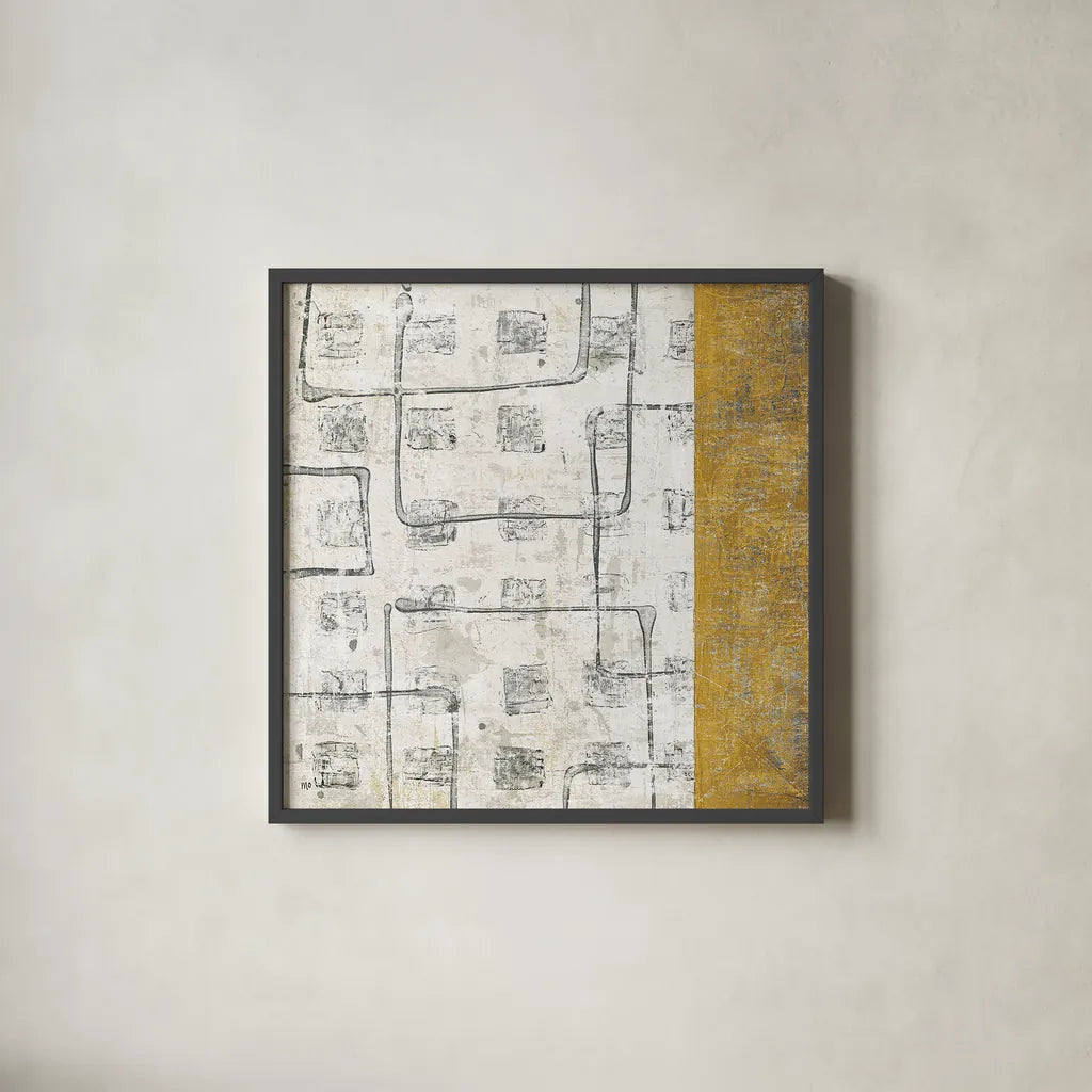 Earth Matter II Gold by Michael Mullan. Shown in a sleek black glass frame for a contemporary gallery look. Available as an archival giclee rolled canvas, fine art paper, or poster print. SKU 30296a.